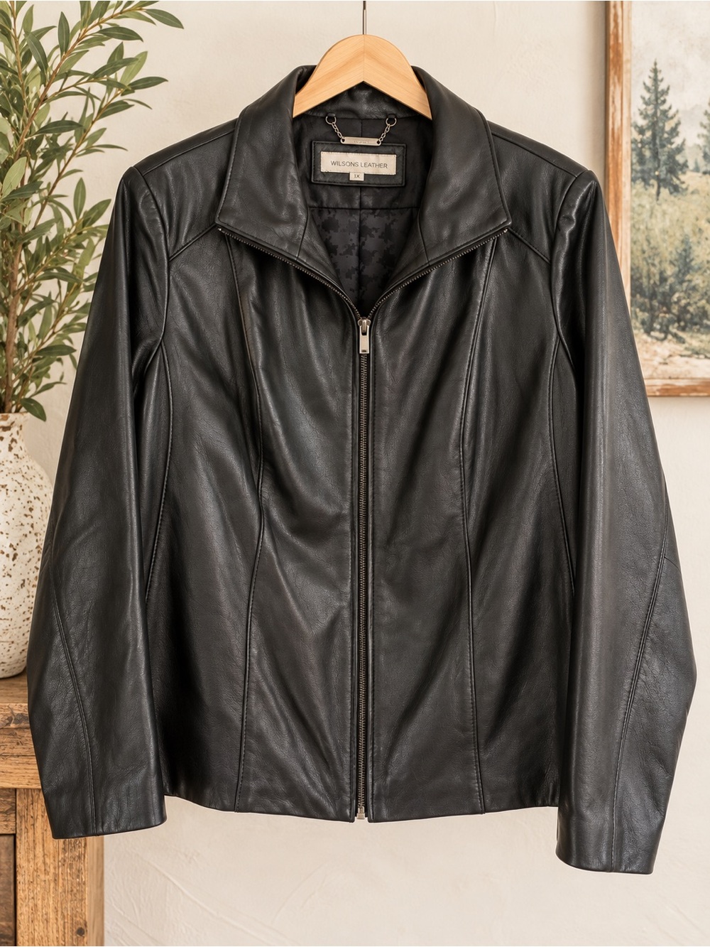 Wilsons Leather 1X Black Genuine Leather Zip Front Jacket Plus Size Classic Moto